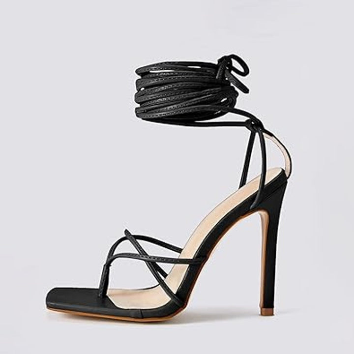 PiePieBuy Womens Size 9 Black Lace Up 4.5" Heel Strappy Ankle Wrap Sandal Shoes