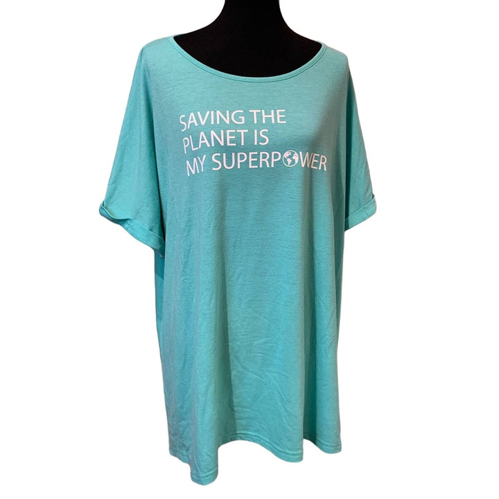 Hand Printed Upcycled 3X Saving the Planet is My Superpower Short Sleeve Tee