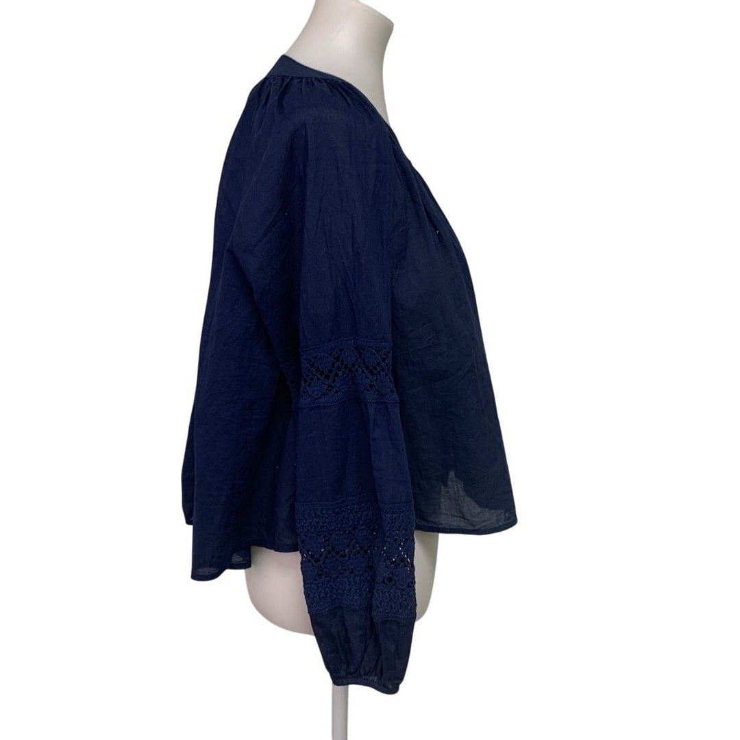 New Aerie Womens Small Navy Blue Long Sleeve Flowy Crochet Button Down Shirt