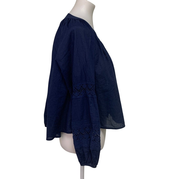New Aerie Womens Small Navy Blue Long Sleeve Flowy Crochet Button Down Shirt
