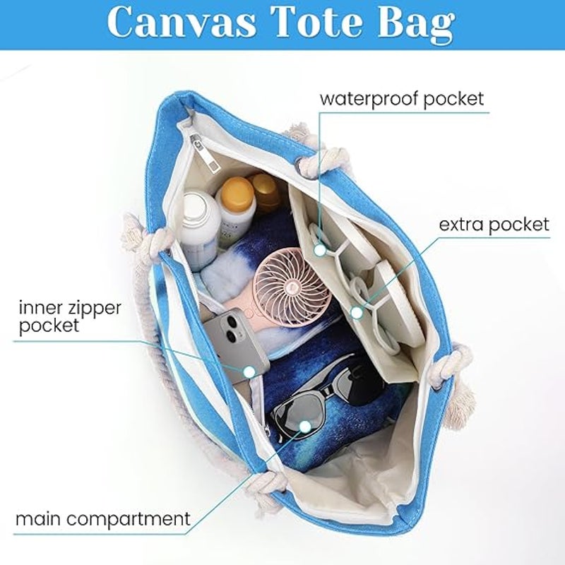 New Tavaleu Blue White Stripe Polyester Canvas Rope Handle Zip Shut Tote Bag