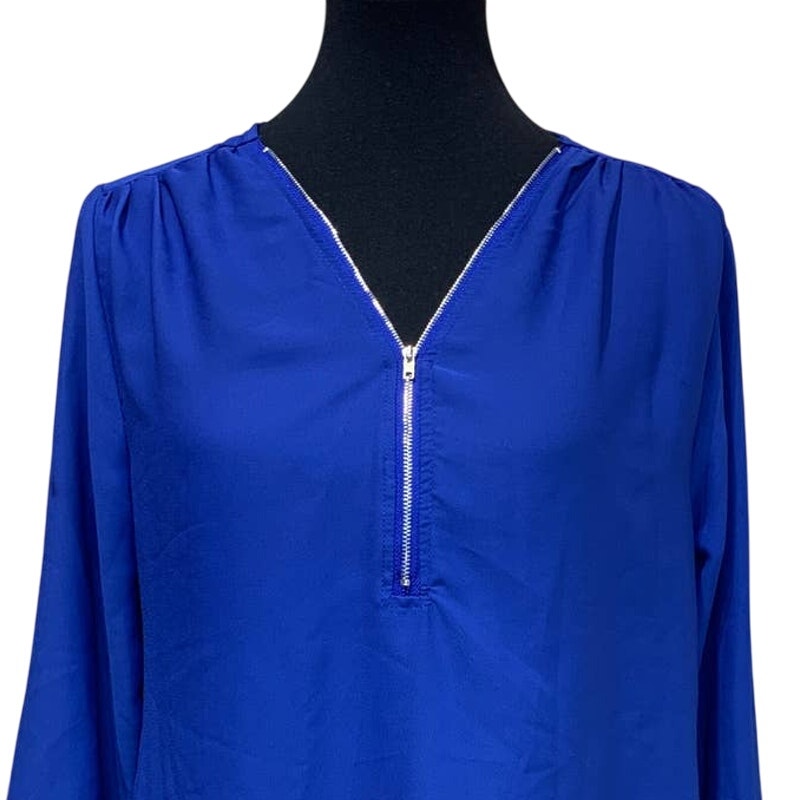 Womens Large Flowy Royal Blue Front Zip Long Sleeve Sheer Hi Low Top w Flaws