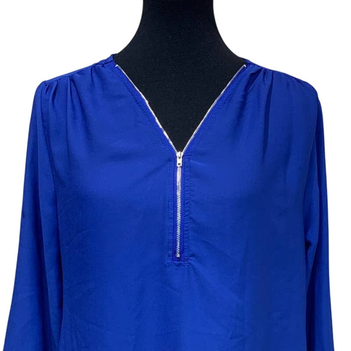 Womens Large Flowy Royal Blue Front Zip Long Sleeve Sheer Hi Low Top w Flaws