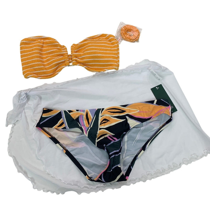 Lot of 3 Womens Medium Stripe Bikini Top Floral Bottoms Sheer White Swim Cover