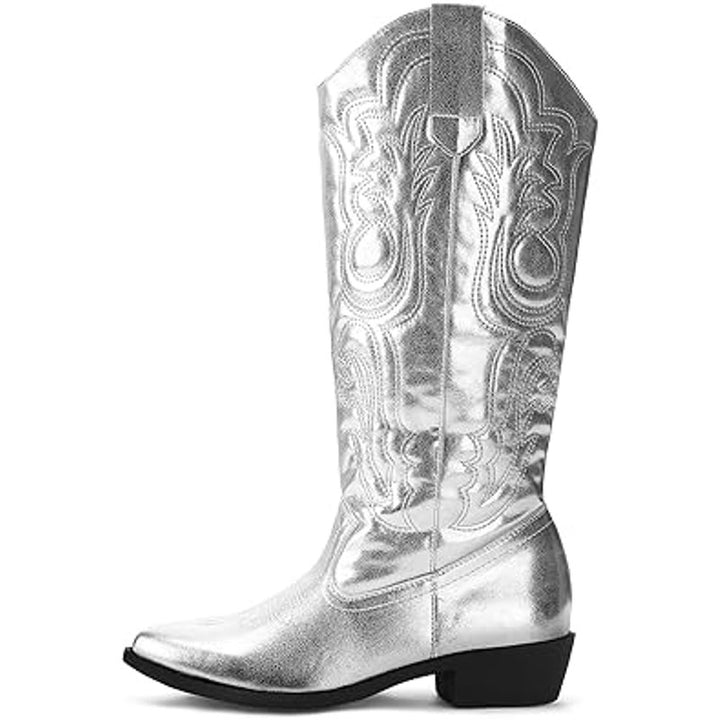 Mysoft Womens Size 10 Shiny Silver Faux Leather 1.5" Heel Western Cowboy Boots