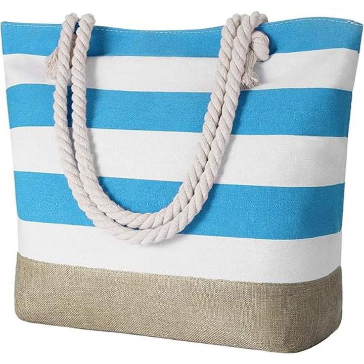 New Tavaleu Blue White Stripe Polyester Canvas Rope Handle Zip Shut Tote Bag