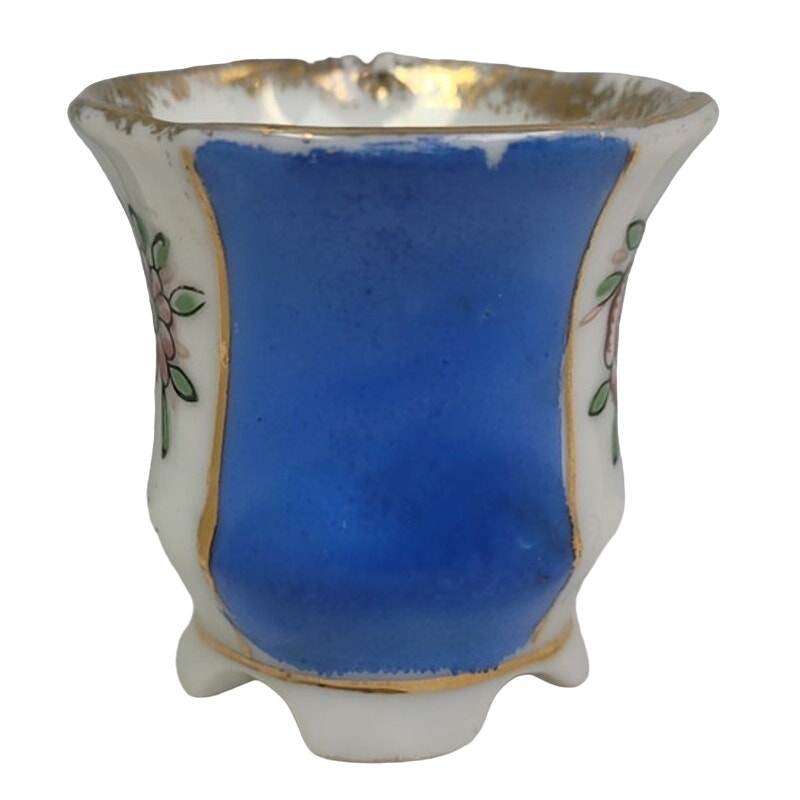 Vintage Victoria Ceramics Japan Blue Stripe Gold Rim Floral Teacup Saucer Set