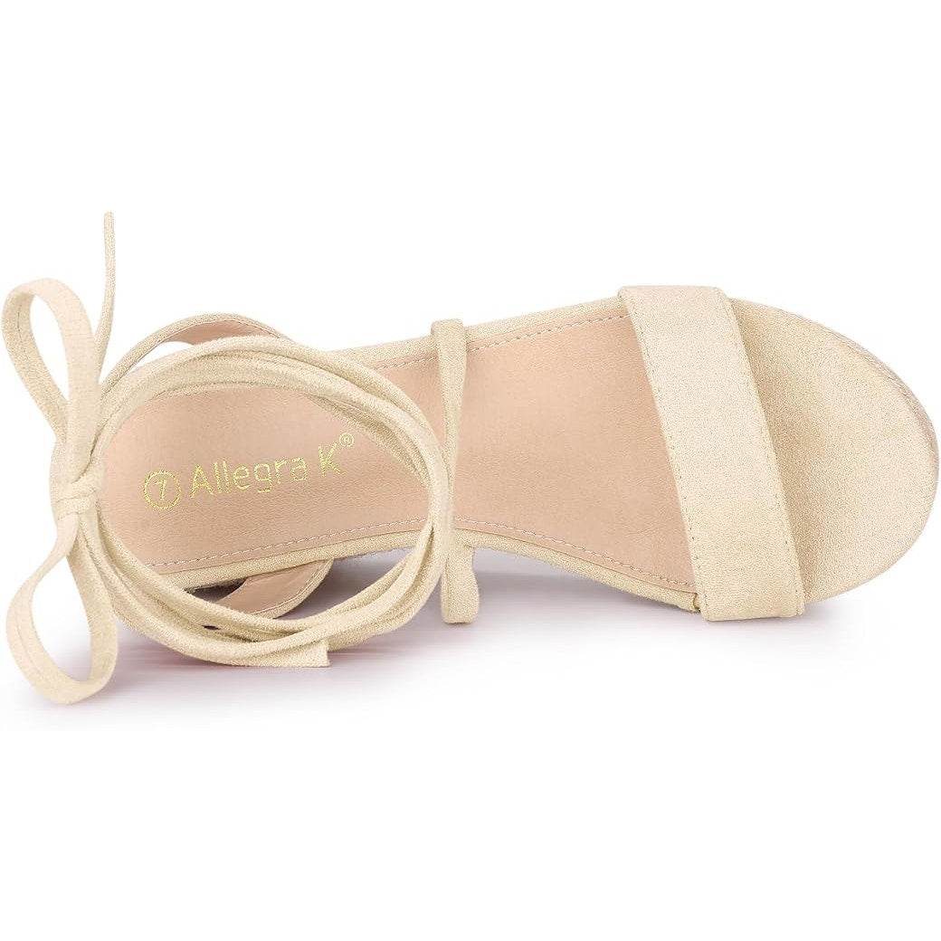 Allegra K Women Size 7 Tan 3" Heel Esoadrille LaceUp Wedge Platform Sandal Shoes