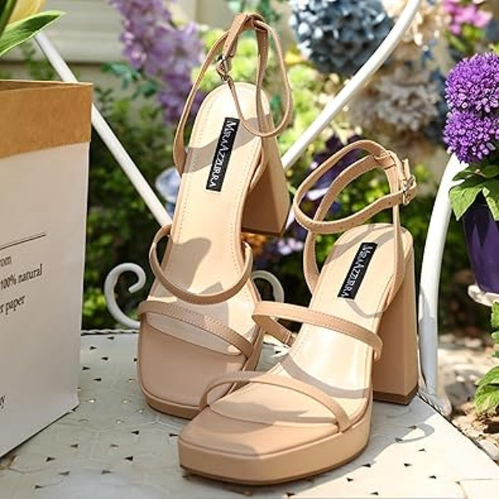 MiraAzzurra Womens Size 6 Tan 4.5" Chunky Heel Open Toe Ankle Strap Sandal Shoes