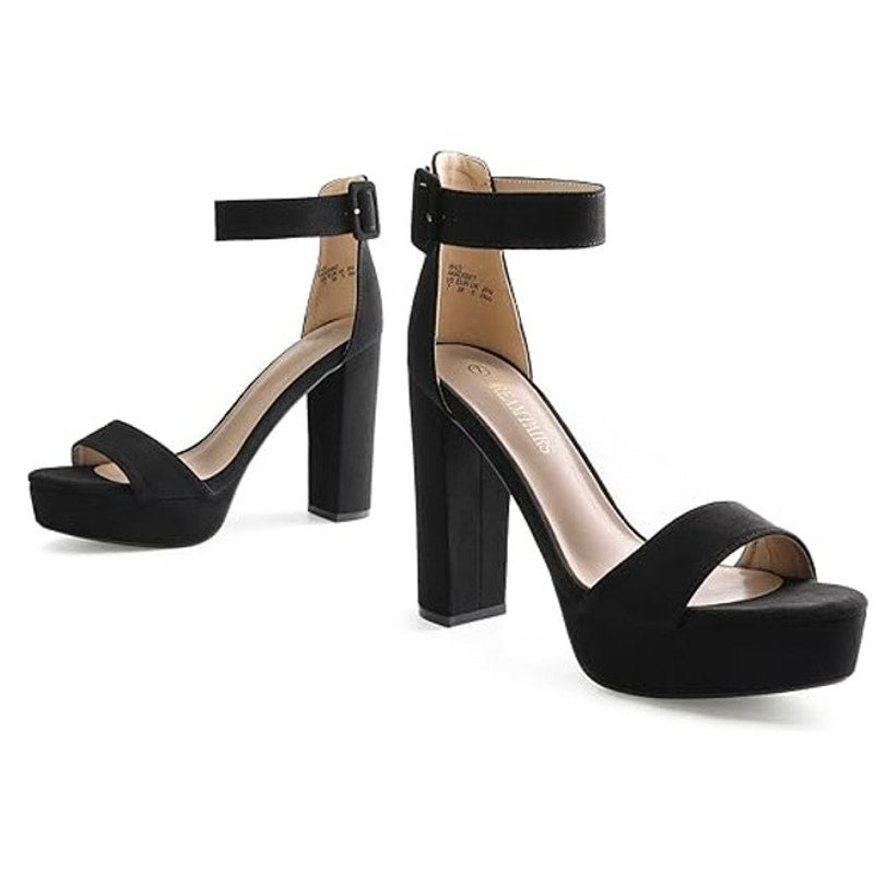 Dream Pairs Womens Size 9.5 Black 5" Heel Ankle Strap Faux Suede Platform Pumps
