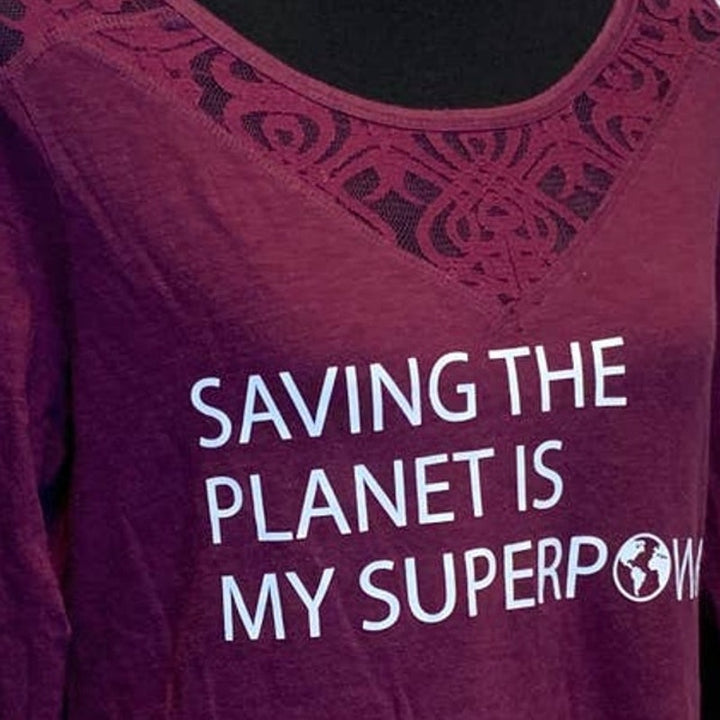 Hand Printed Upcycled Womens Large Saving the Planet is My Superpower Top