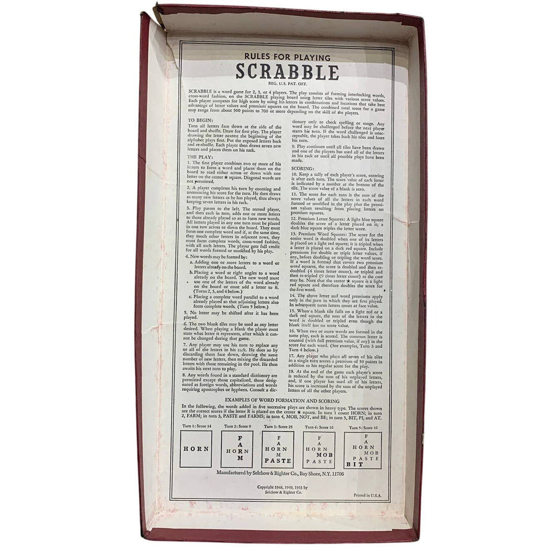Vintage 1953 Scrabble Game Board Wooden Letter Trays Original Box and 97 Tiles