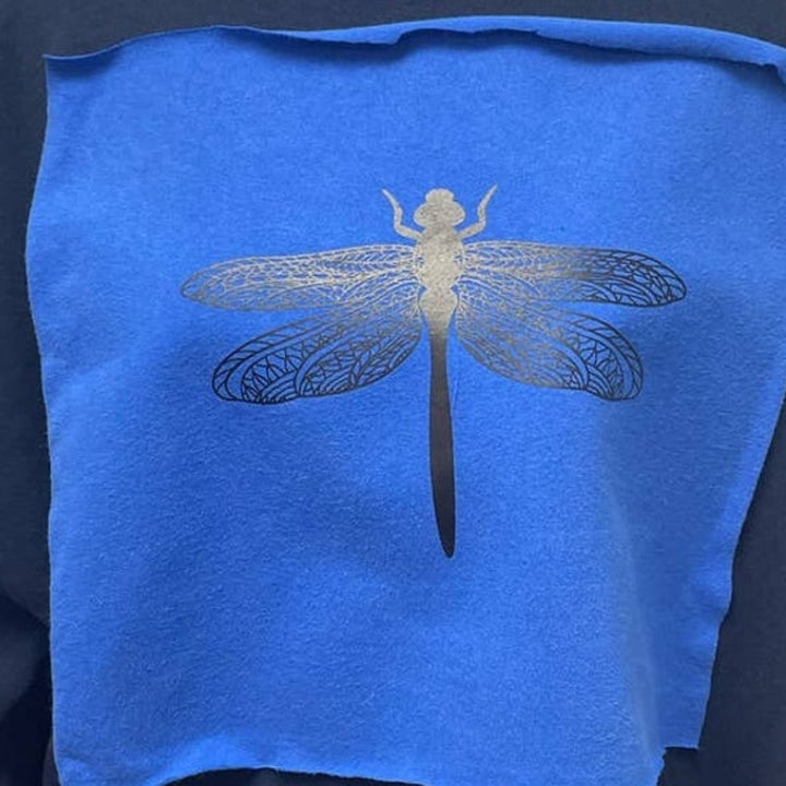 Hand Printed Men Upcycled XXL Dragonfly PolyCotton Long Sleeve Sweatshirt Hoodie