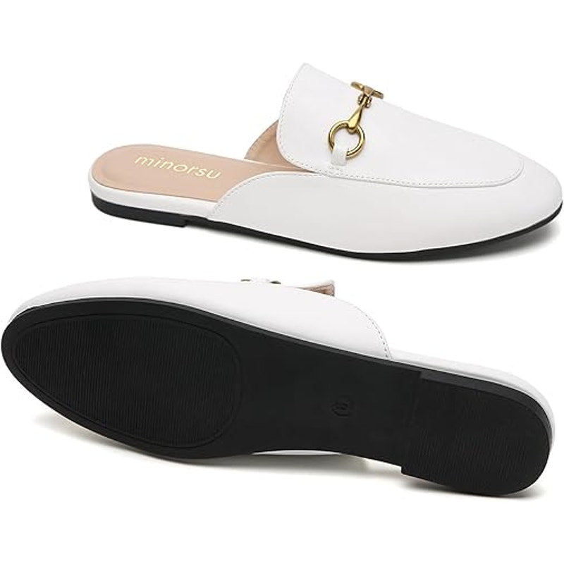New Minorsu Womens Size 6.5 White Faux Leather Close Toe Slip On Flat Mule Shoes