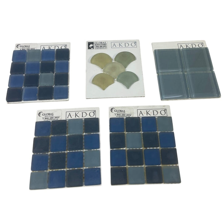 Lot of 5 AKDO 7/8" 2" Caspian Blue Frosted Glass Tile Sample Cards Craft Supply