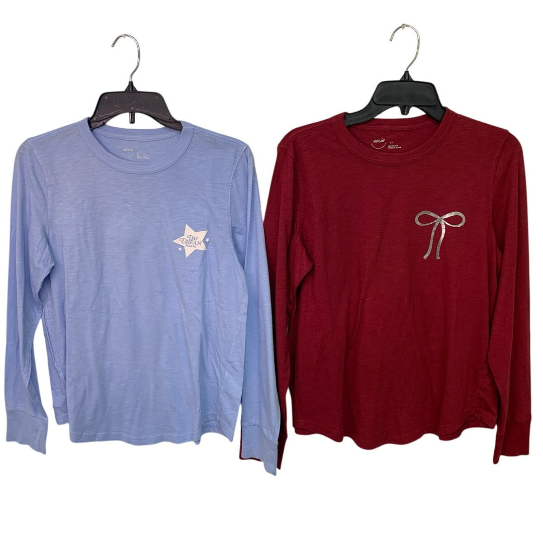 2 New Aerie Womens Small Heathered Lost In a Day Dream Bow Long Sleeve T Shirts