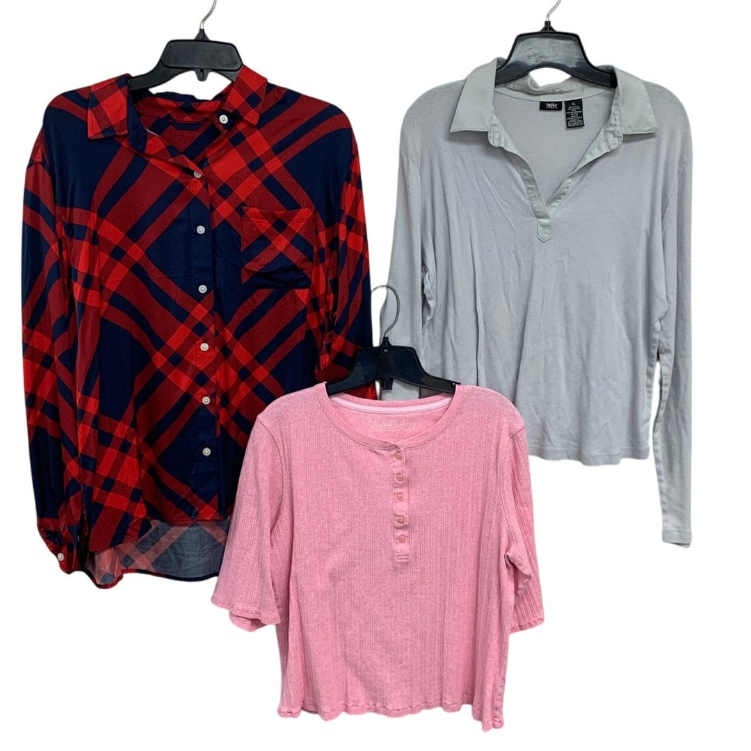 Lot of 3 Womens XL Button Up Henley Deep V Short Long Sleeve Tee Shirts