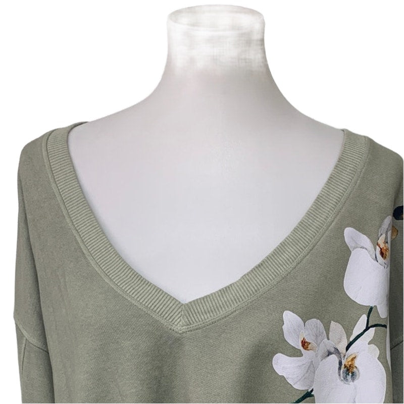 New Hand Printed Upcycled Womens Medium Orchid Flower Deep V Neck Sweatshirt