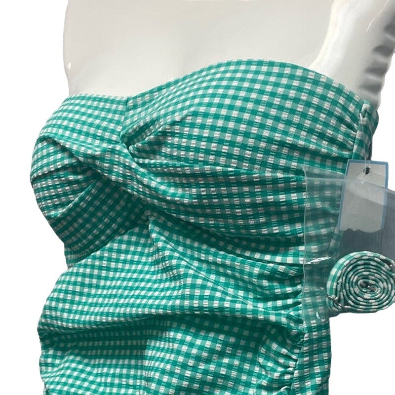 New Draper James Womens Small Detachable Straps Green Gingham Swim Top ONLY