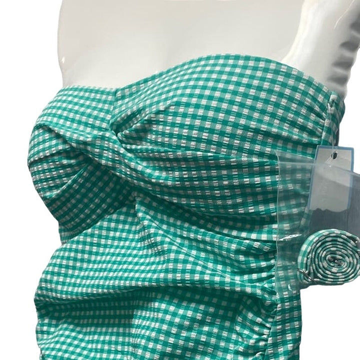 New Draper James Womens Small Detachable Straps Green Gingham Swim Top ONLY