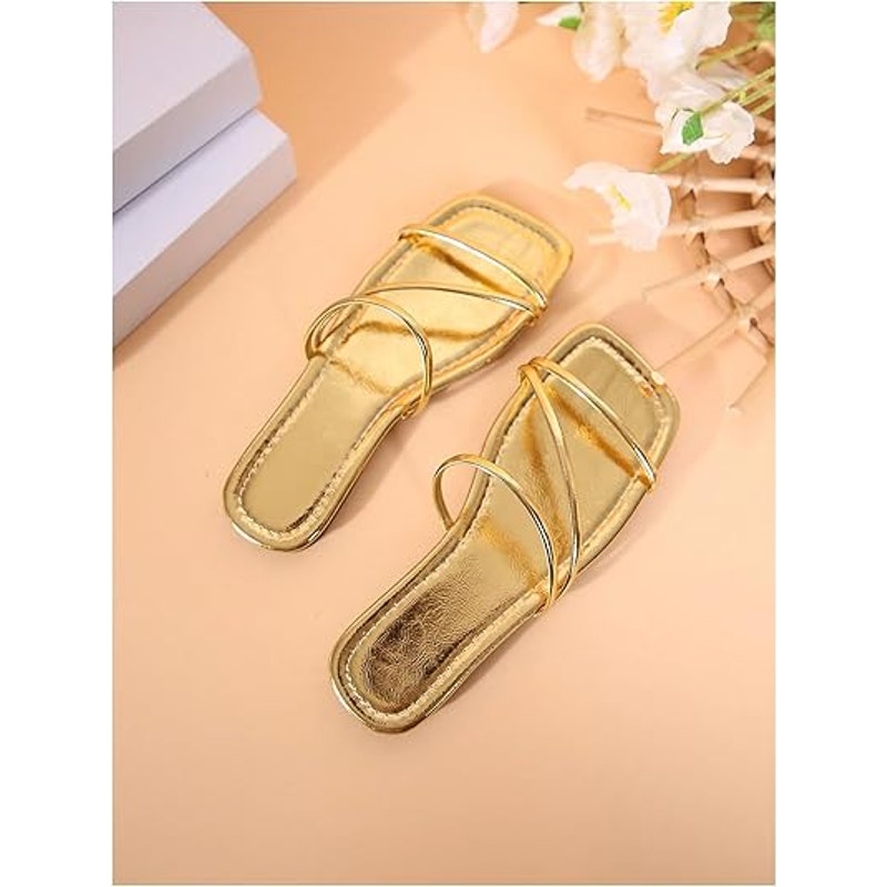 Gorglitter Womens Size 9 Gold Sandals Flats Strappy Open Square Toe Shoes