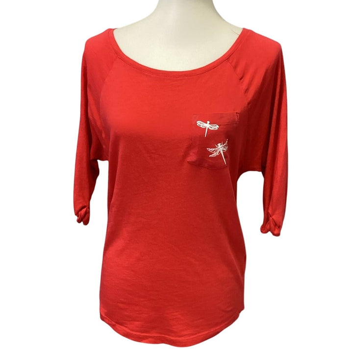 Hand Printed Upcycled Womens Size 2 XS Dragonfly Scoop Neck Cotton Tee Shirt