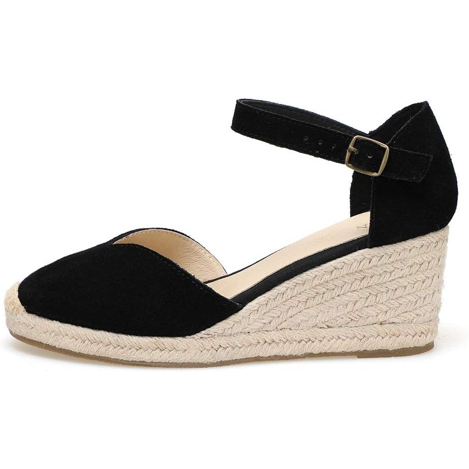 New Tonivis Women Size 7.5 Black Faux Suede Wedge Espadrille Ankle Strap Sandals