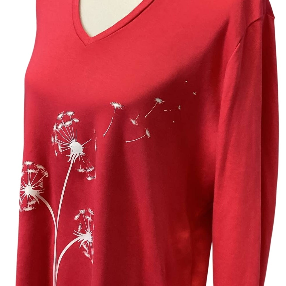 Hand Printed Upcycled Womens 2X Dandelion Make a Wish Long Sleeve Tee Shirt
