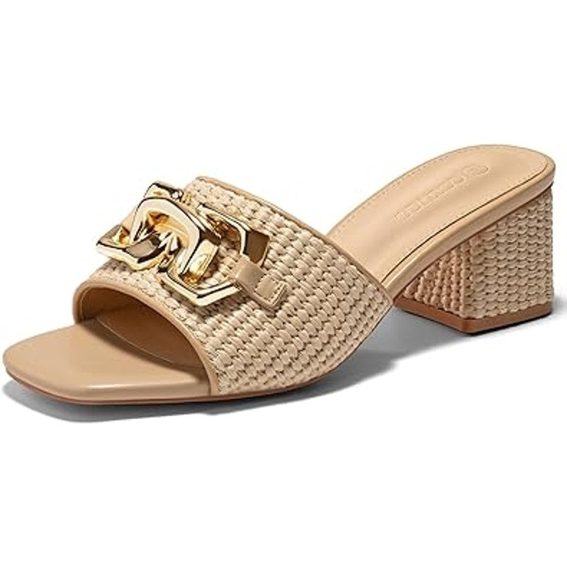 Coutgo Womens Size 10 Tan Raffia Slide On 2.5" Chunky Heel Open Toe Sandal Shoes