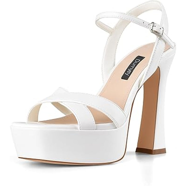 Dumjey Womens Size 7.5 White Open Toe 5" Block Heel Platform Sandal Shoes