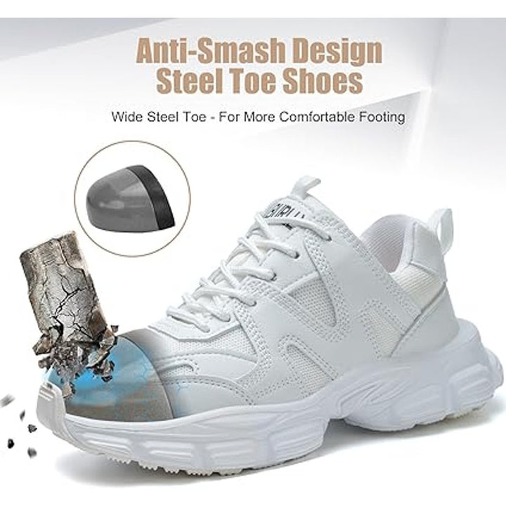 Umburlly Womens Size 11 White Steel Toe NonSlip Faux Leather Work Sneakers Shoes