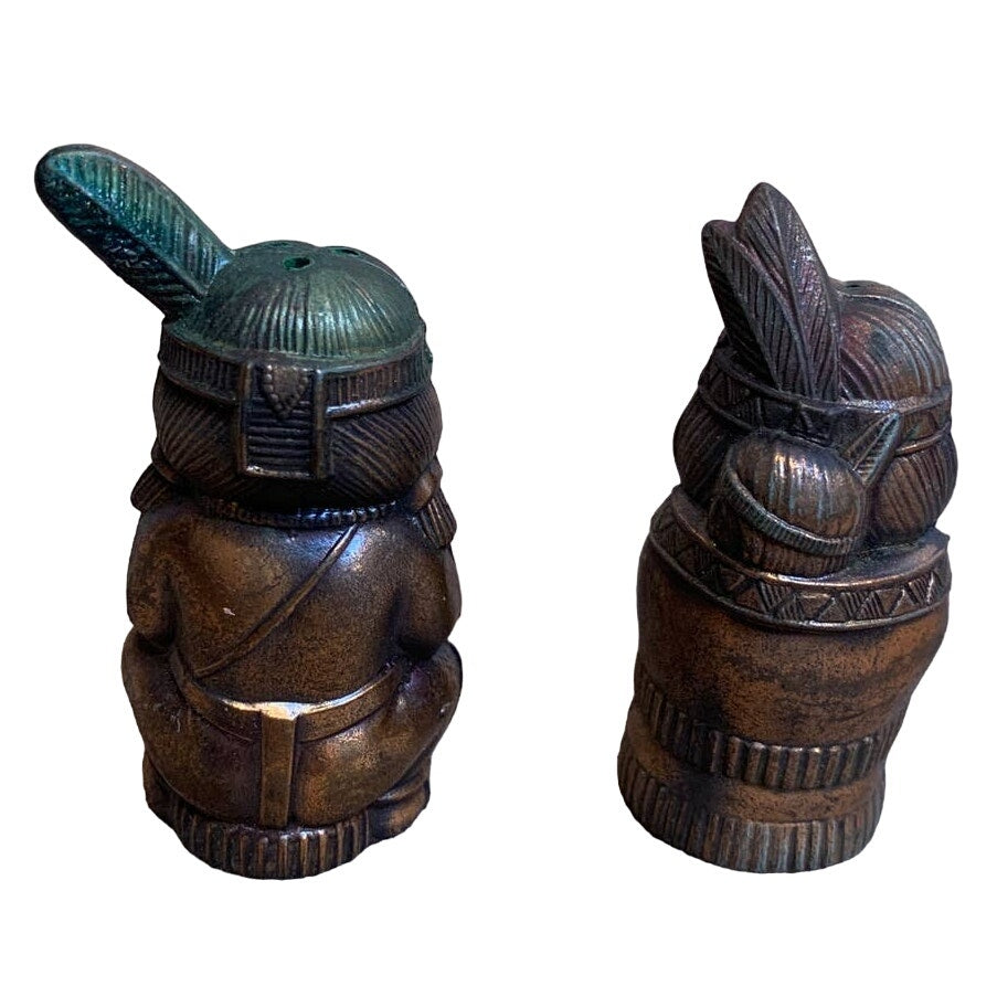 Vintage Copper Made in Japan Native American Man &amp; Woman Salt Pepper Shaker Set