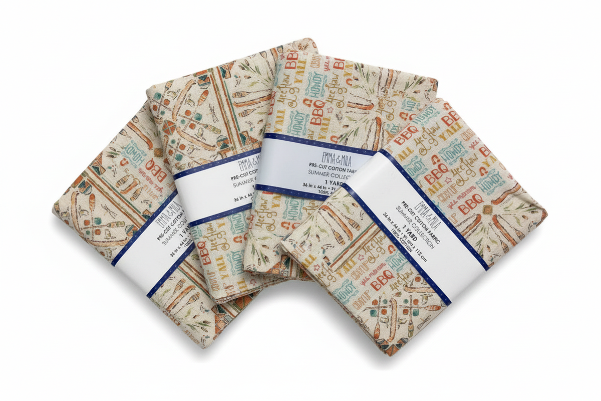 Four fabric cuts fanned out on a white background, two of each print