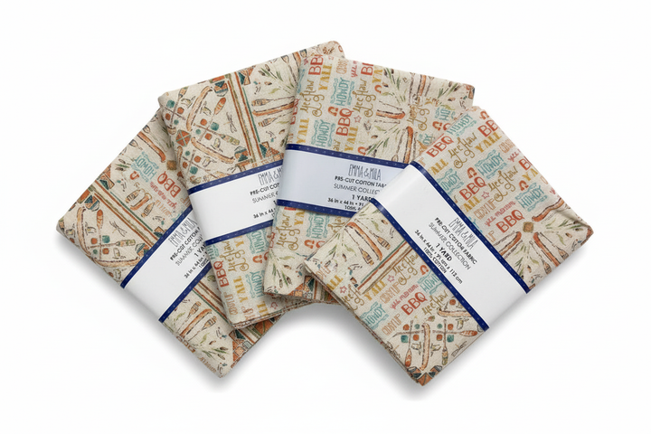 Four fabric cuts fanned out on a white background, two of each print