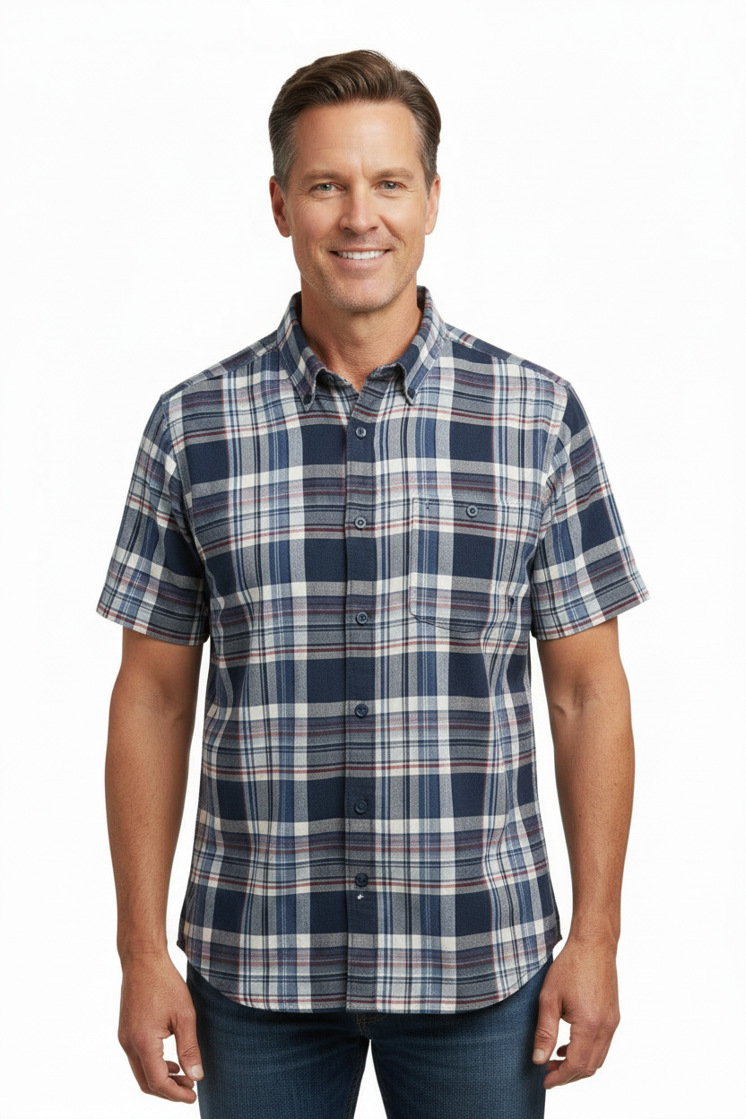 Generic model in navy plaid shirt, no tag