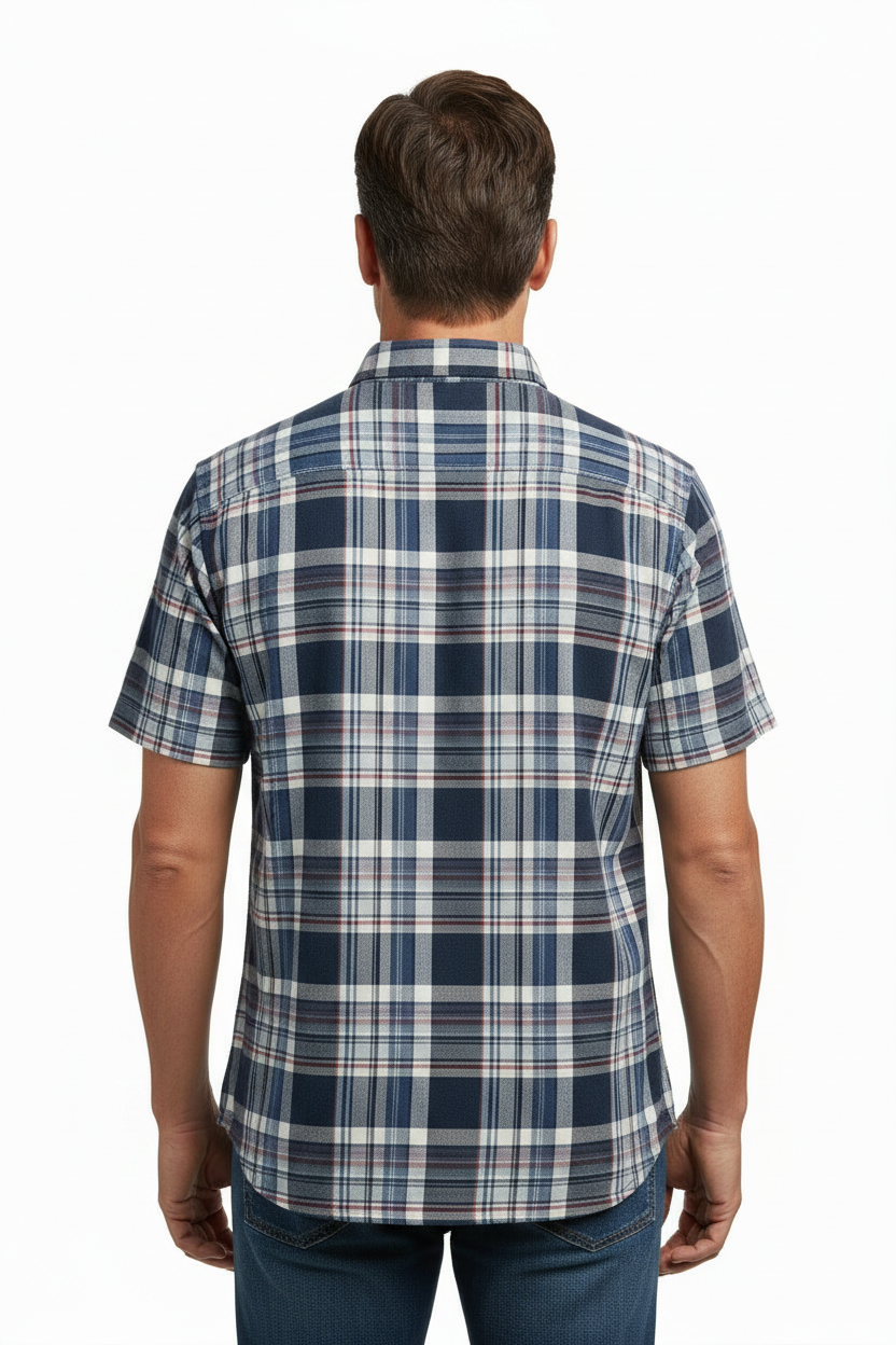 Generic model showing back of navy plaid shirt