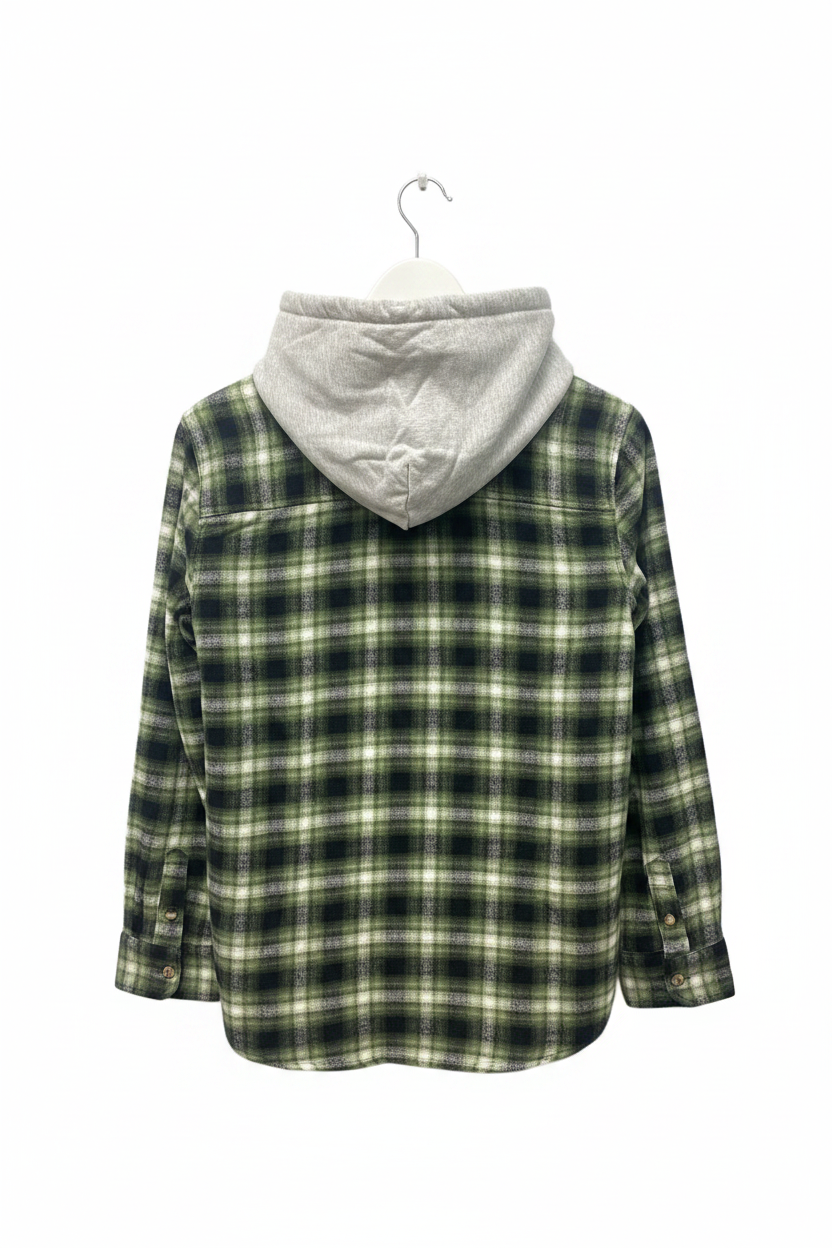 New Time and Tru Womens Long Sleeve Plaid Flannel Cotton Blend Button Up Hoodie