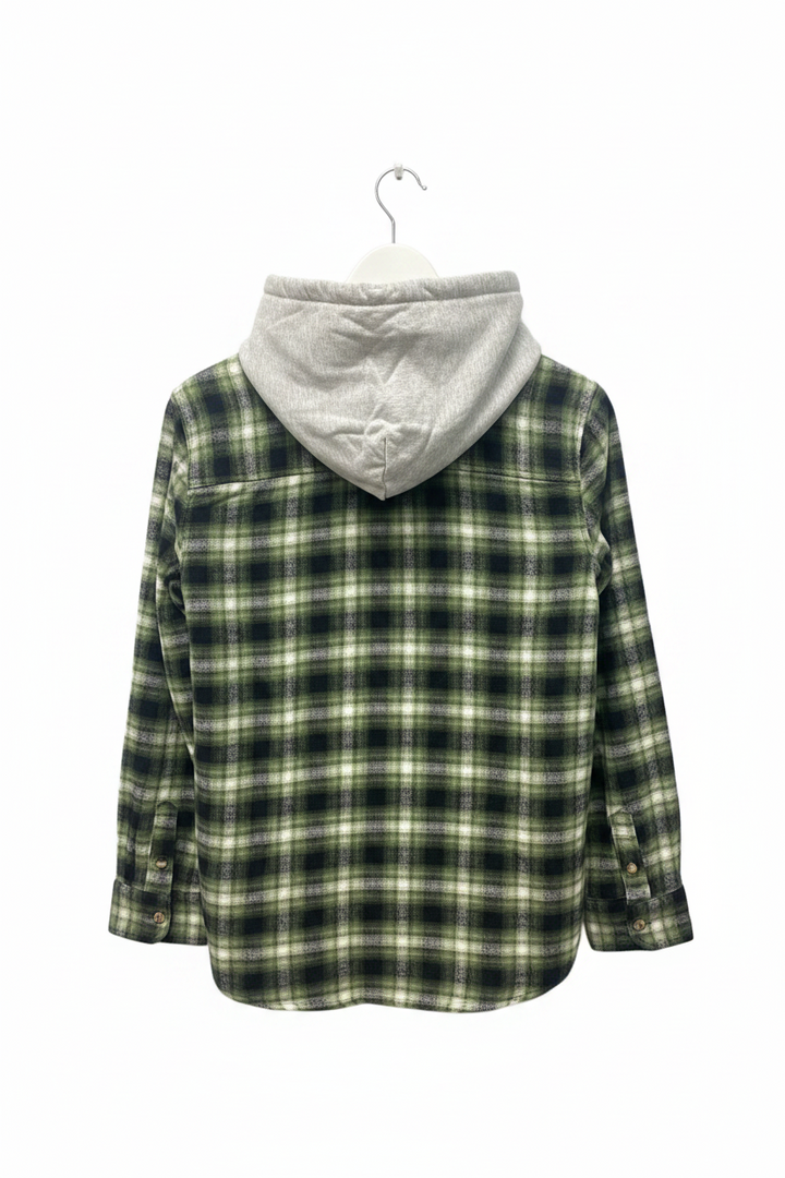 New Time and Tru Womens Long Sleeve Plaid Flannel Cotton Blend Button Up Hoodie
