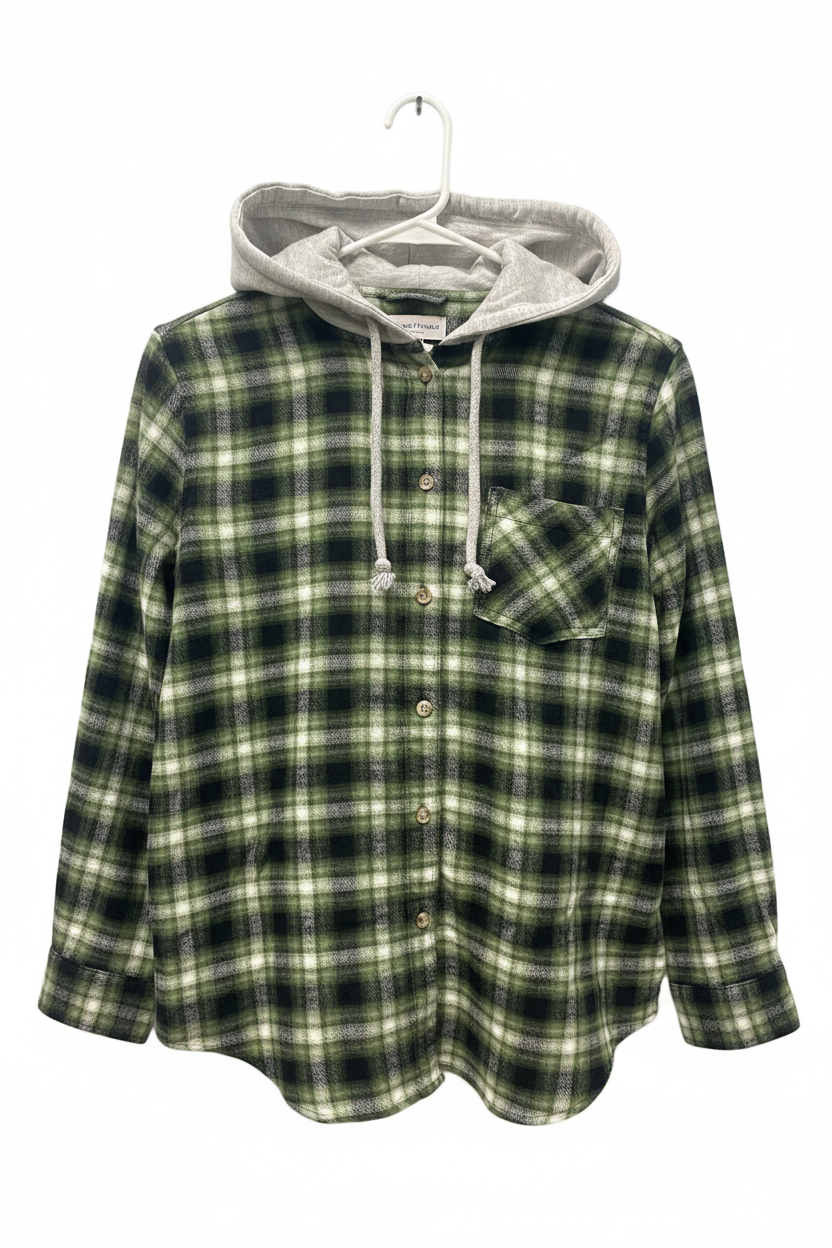 New Time and Tru Womens Long Sleeve Plaid Flannel Cotton Blend Button Up Hoodie