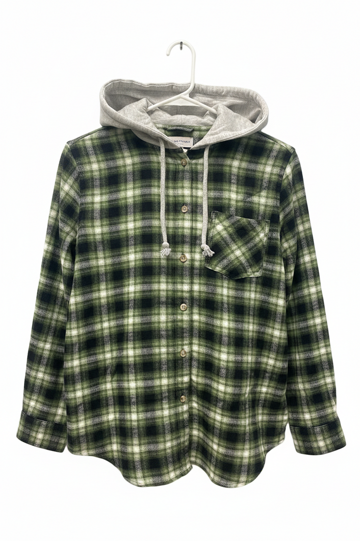 New Time and Tru Womens Long Sleeve Plaid Flannel Cotton Blend Button Up Hoodie