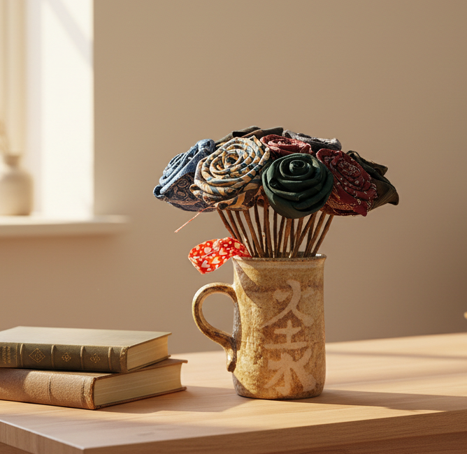 Handmade neck-tie rose bouquet in a cozy lifestyle setting