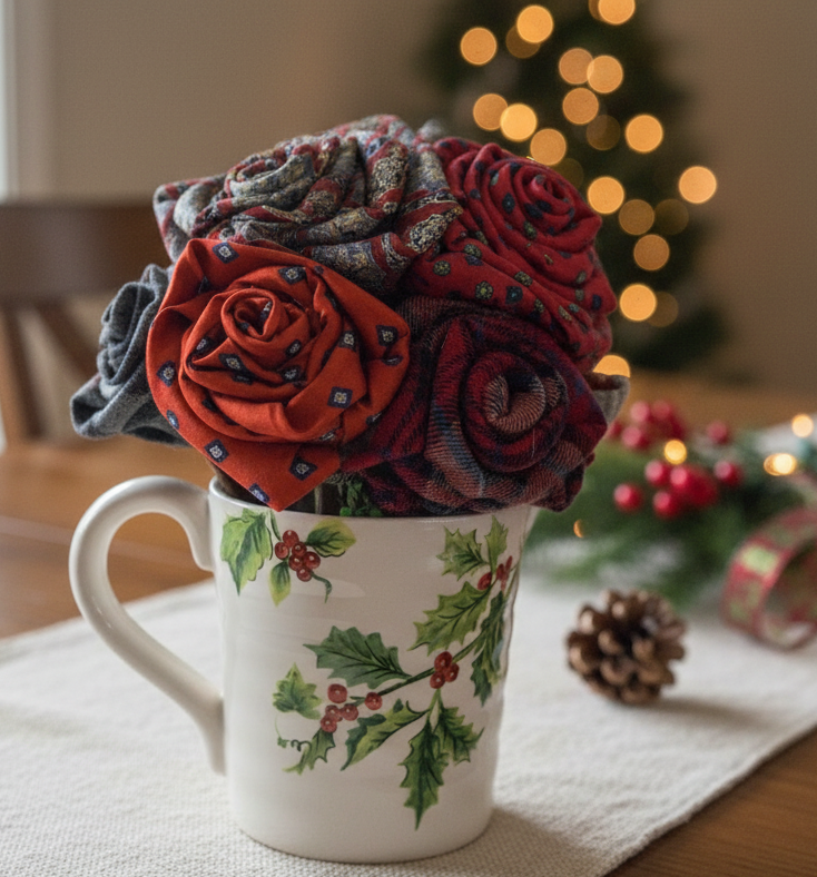 Handmade neck-tie rose bouquet styled in a cozy holiday home