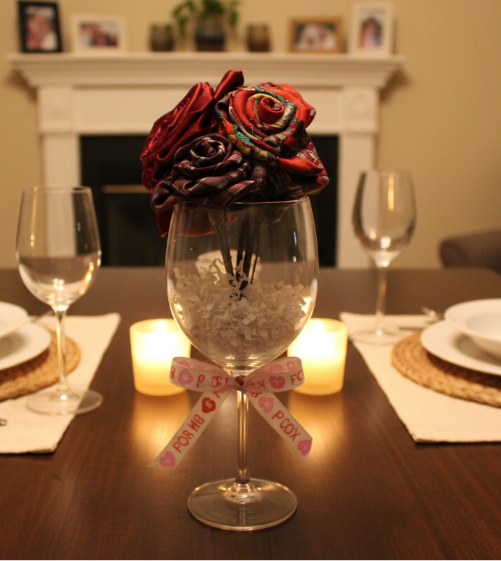 Handmade red-and-pink necktie rose bouquet styled for a romantic dinner