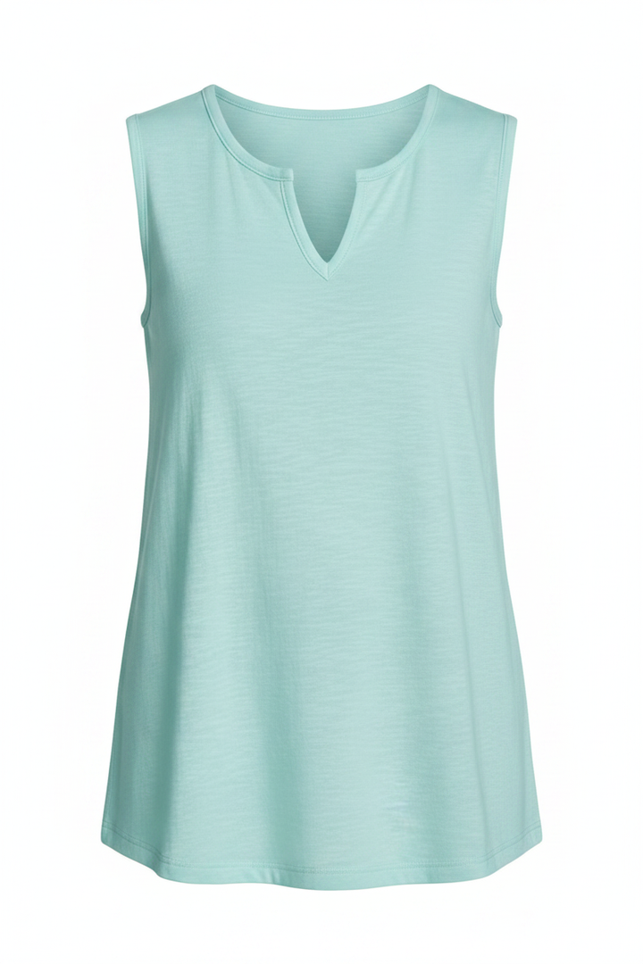 Front view of light aqua sleeveless notch V-neck tank top on white background