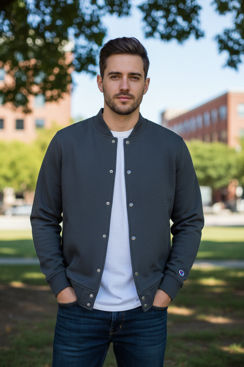 Man wearing Champion charcoal gray varsity bomber jacket