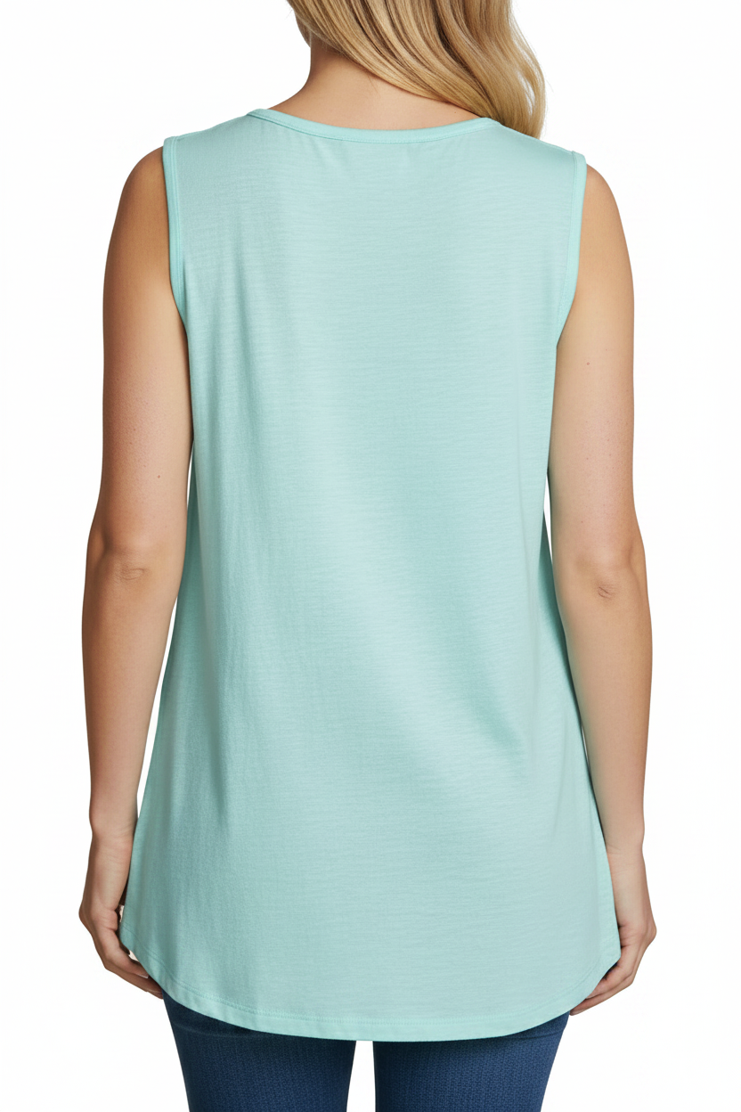 Back view of light aqua sleeveless notch V-neck tank top on white background
