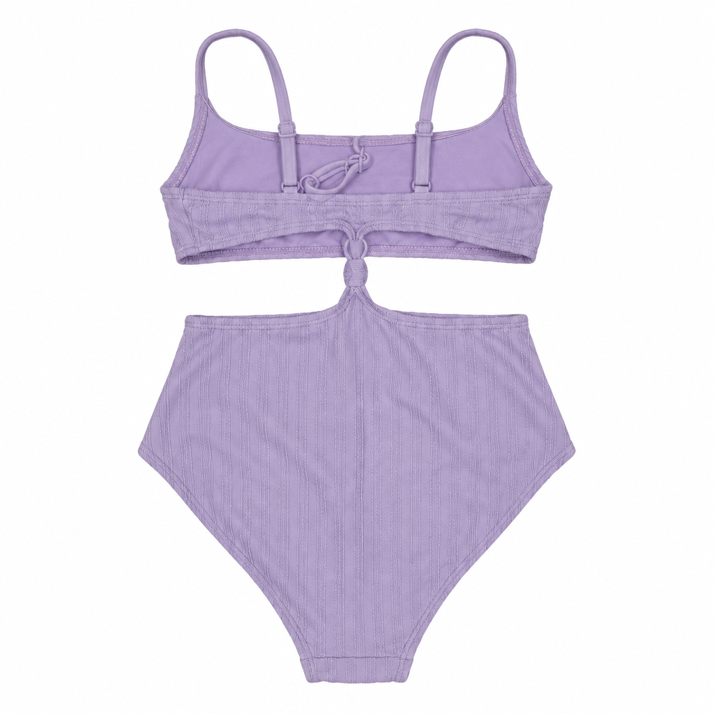 Back view of a purple Art Class one-piece swimsuit arranged in a straight flat lay on a white background