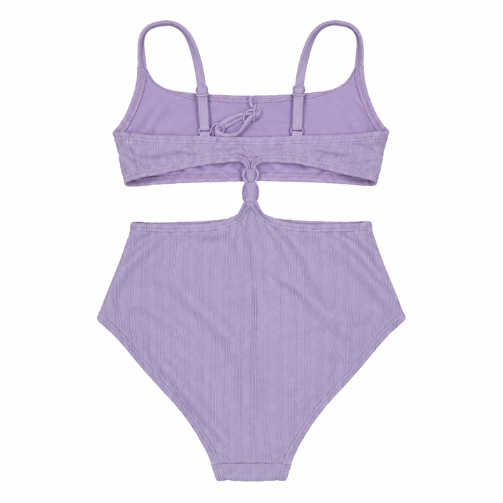 Back view of a purple Art Class one-piece swimsuit arranged in a straight flat lay on a white background