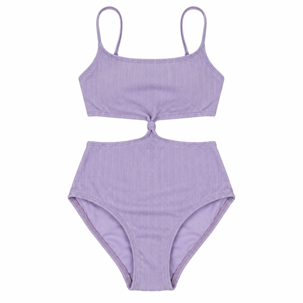 Purple Art Class one-piece swimsuit arranged in a straight flat lay on a white background