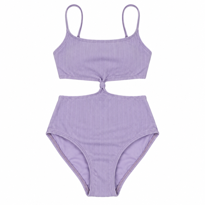 Purple Art Class one-piece swimsuit arranged in a straight flat lay on a white background